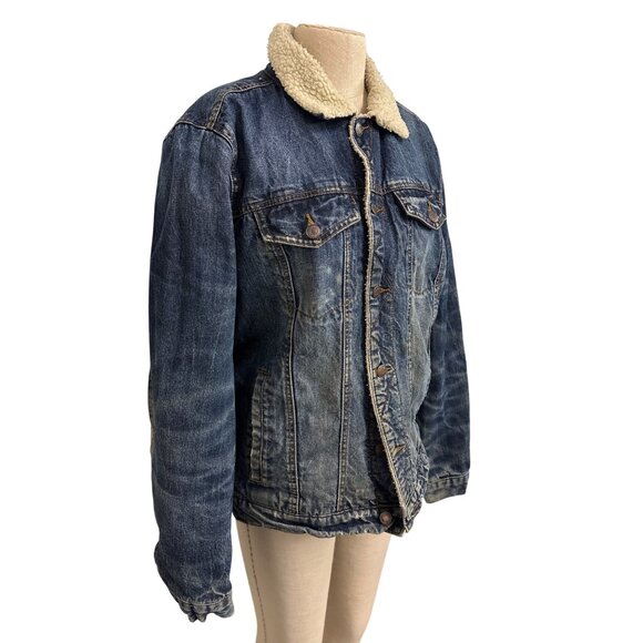 Aeropostale Denim Sherpa Jacket Upcycled Rolling Stones Hand Painted Graphic Art - Picture 3 of 13